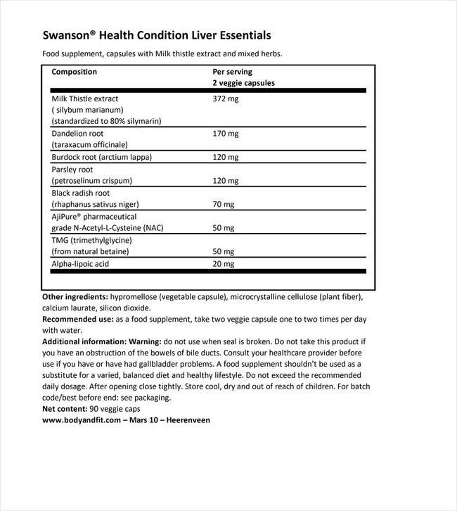 Condition Liver Essentials Nutritional Information 1