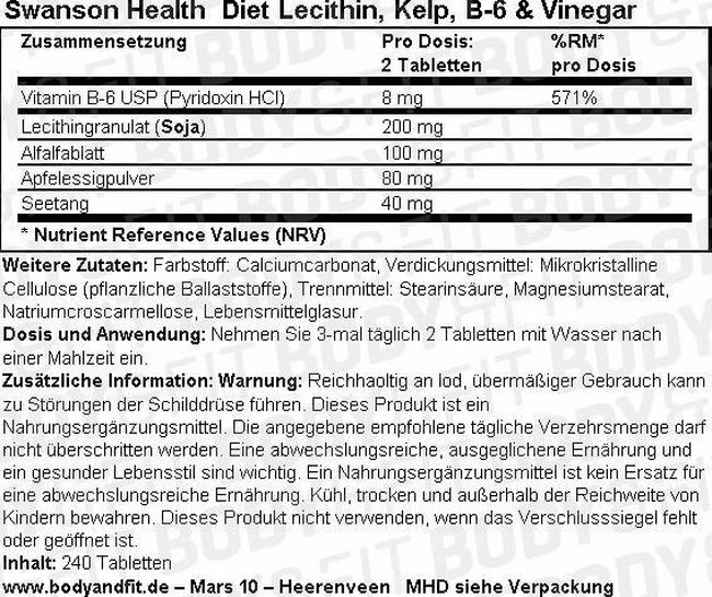 Diet Lecithin, Kelp, B-6 & Vinegar Nutritional Information 1