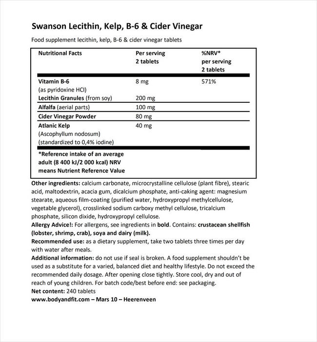 Diet Lecithin, Kelp, B-6 & Vinegar Nutritional Information 1