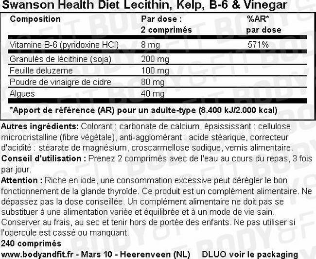 Complément minceur lécithine, varech, vitamine B6 et vinaigre Diet Lecithin, Kelp, B-6 & Vinegar Nutritional Information 1