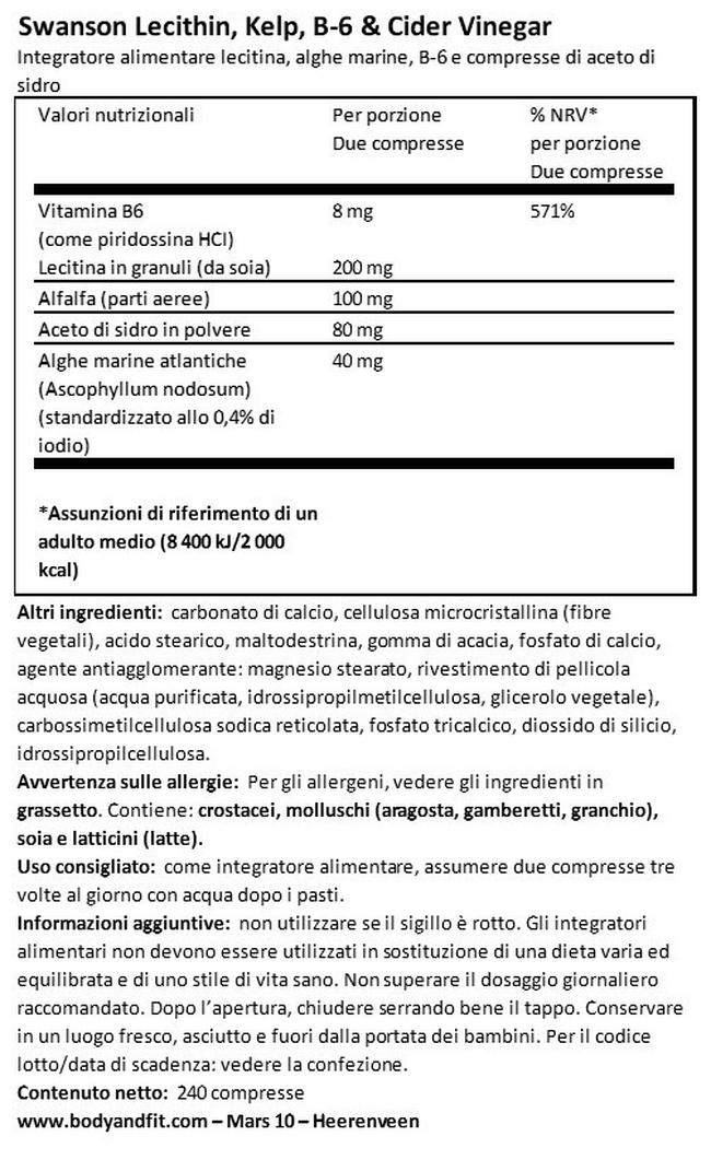 Diet Lecithin, Kelp, B-6 & Vinegar Nutritional Information 1