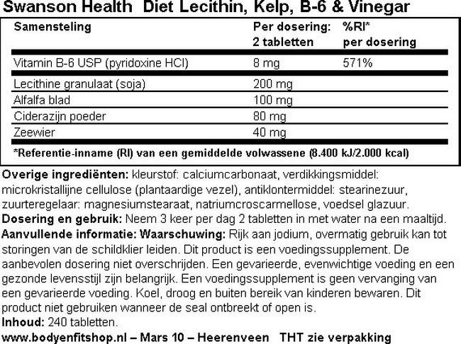 Diet Lecithin, Kelp, B-6 & Vinegar Nutritional Information 1
