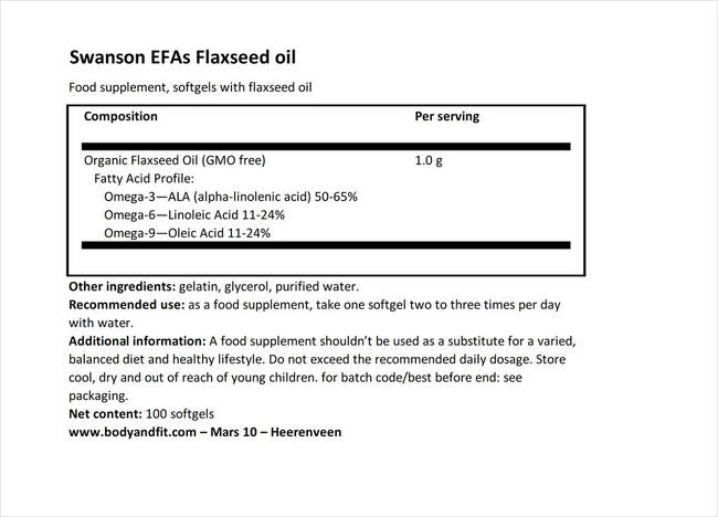 EFA Flaxseed Oil 1000mg Nutritional Information 1