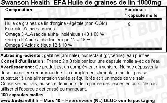 Huile de lin EFA Flaxseed Oil 1000 mg Nutritional Information 1