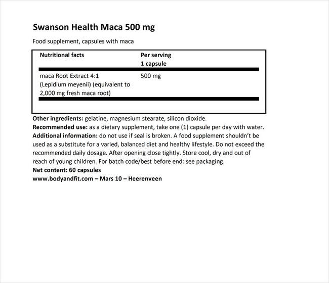 Super herbs Maca 500mg Nutritional Information 1