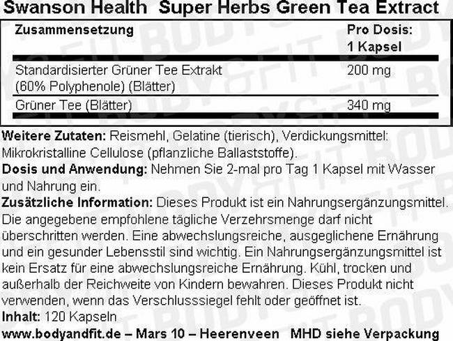 Super Herbs Green Tea Extract 500 mg Nutritional Information 1
