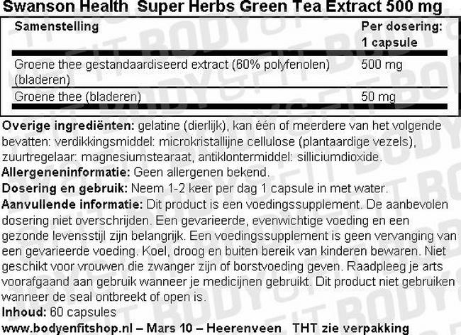 Extrait de thé vert Super Herbs Green Tea Extract 500 mg Nutritional Information 1
