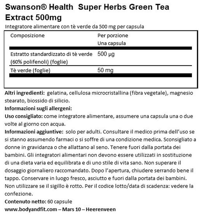 Super Herbs Estratto di Tè verde 500 mg Nutritional Information 1