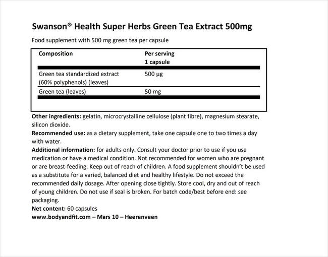 スーパーハーブ グリーンティーエクストラクト 500mg Nutritional Information 1