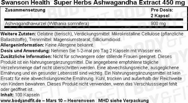 Super Herbs Ashwagandha Extract 450 mg Nutritional Information 1