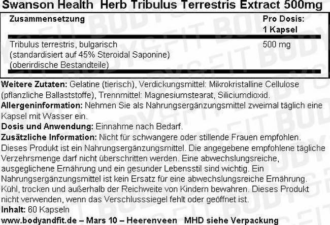 Herb Tribulus Terrestris Extract 500 mg Nutritional Information 1