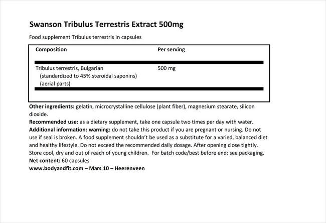 Tribulus Terrestris Extract 500mg Nutritional Information 1