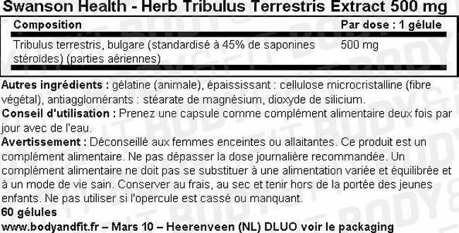 Super Herbs Extrait de Tribulus Terrestris 500mg Nutritional Information 1