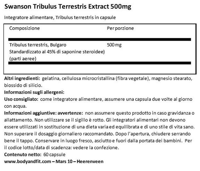 Tribulus Terrestris Extract 500 mg Nutritional Information 1