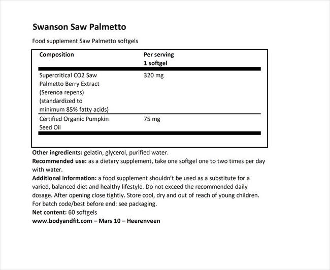 Herb Saw Palmetto 320mg Nutritional Information 1