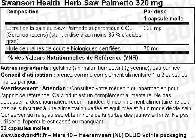 Complément d’herbes Saw Palmetto 320 mg Nutritional Information 1