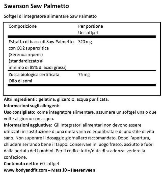 Herb Saw Palmetto 320 mg Nutritional Information 1