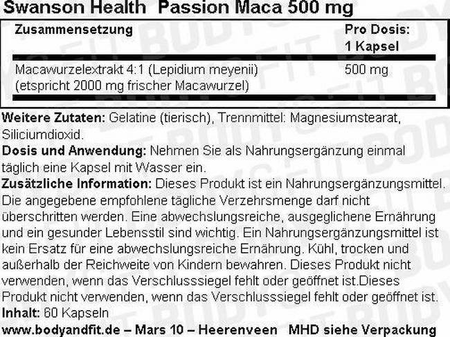 Passion Maca 500 mg Nutritional Information 1