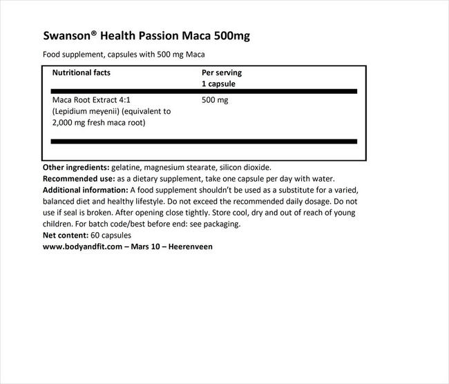 Passion Maca 500mg Nutritional Information 1