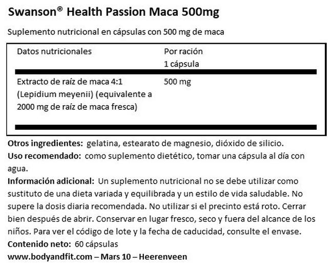 Passion Maca 500 mg Nutritional Information 1