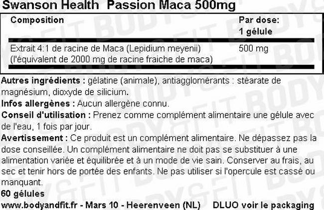 Racine de maca Passion Maca 500 mg Nutritional Information 1