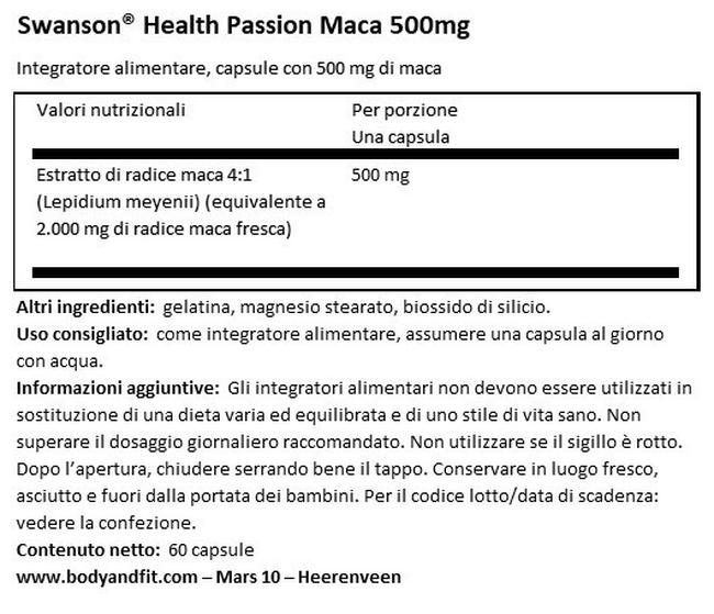 Passion Maca 500 mg Nutritional Information 1