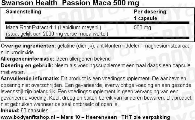 Passion Maca 500mg Nutritional Information 1