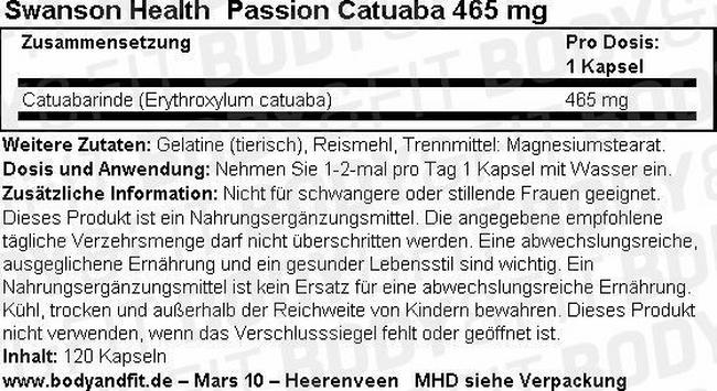 Passion Catuaba 465mg Nutritional Information 1