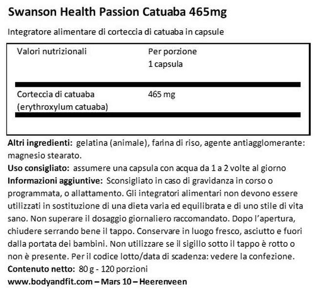 Passion Catuaba 465 mg Nutritional Information 1