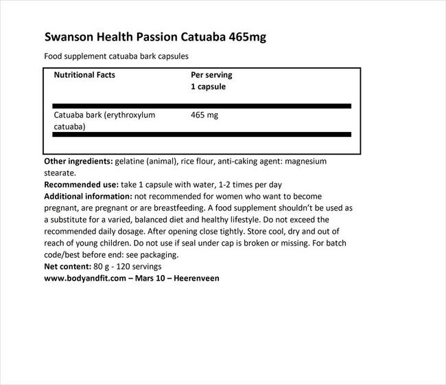 Passion Catuaba 465mg Nutritional Information 1