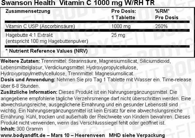 Vitamin C 1000 mg W/RH TR Nutritional Information 1