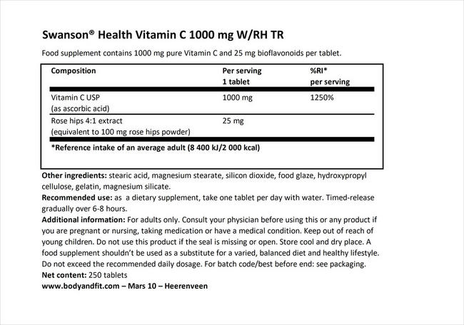 Vitamin C 1000 mg W/RH TR Nutritional Information 1