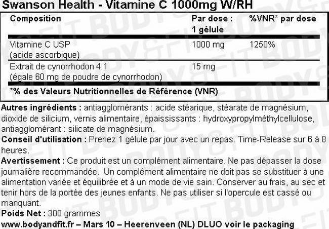 Vitamin C 1000 mg W/RH TR Nutritional Information 1