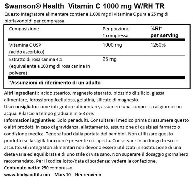 Vitamina C 1000 mg W/Rh TR Nutritional Information 1