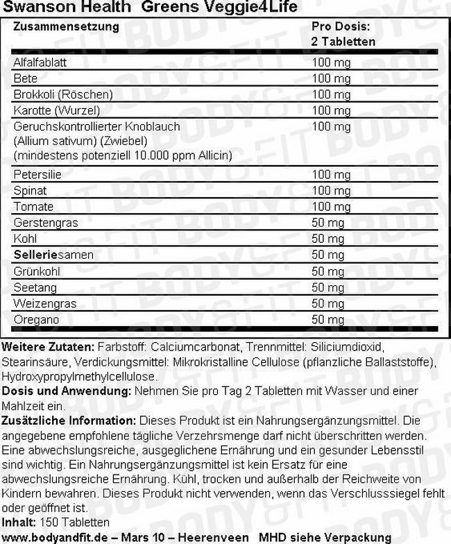 Greens Veggie4Life Nutritional Information 1