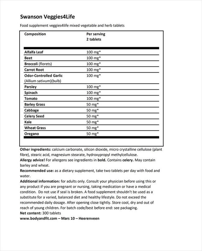 Greens Veggie4Life Nutritional Information 1