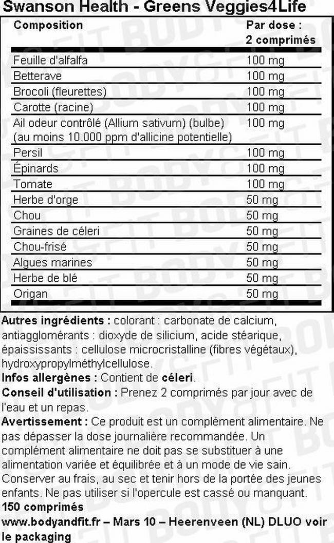 Greens Veggie4Life Nutritional Information 1