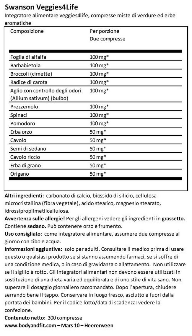 Greens Veggie4Life Nutritional Information 1