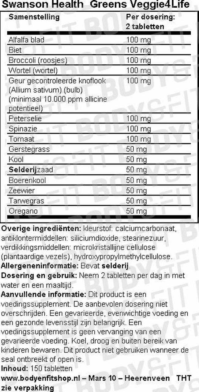 Greens Veggie4Life Nutritional Information 1