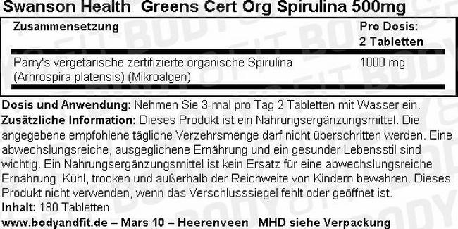 Greens Cert Org Spirulina 500 mg Nutritional Information 1