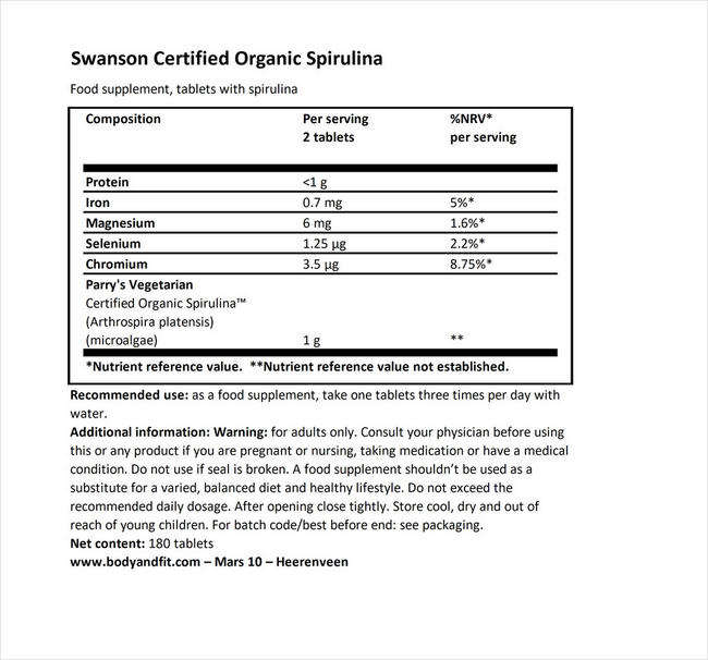 100% Certified Organic Spirulina 500mg Nutritional Information 1