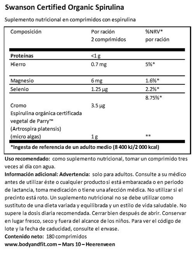 100 % Certified Organic Spirulina 500 mg Nutritional Information 1