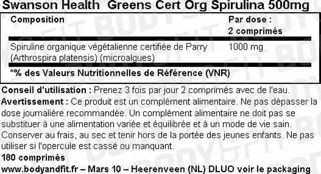 Greens Cert Org Spirulina 500mg Nutritional Information 1