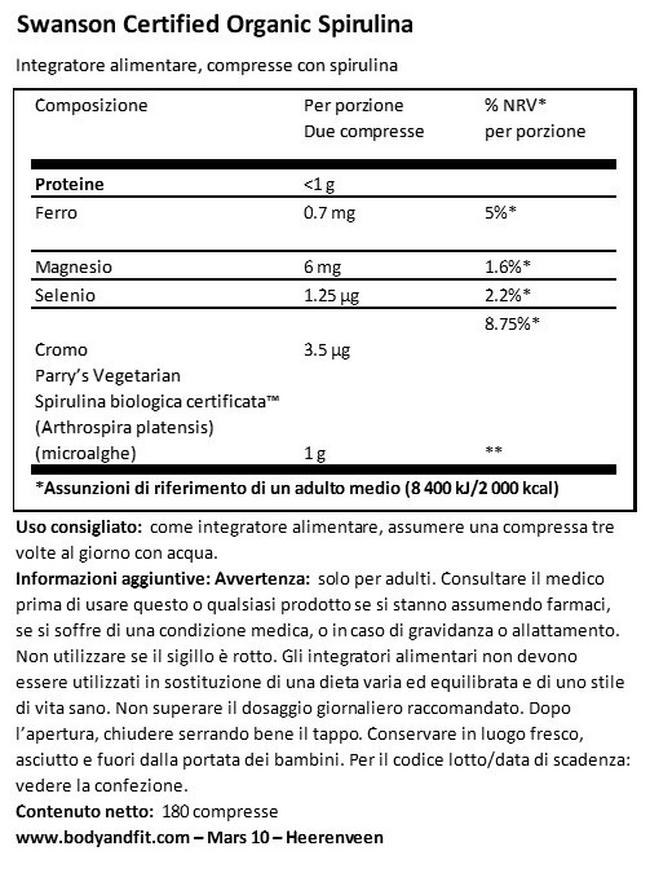 100% Certified Organic Spirulina 500 mg Nutritional Information 1
