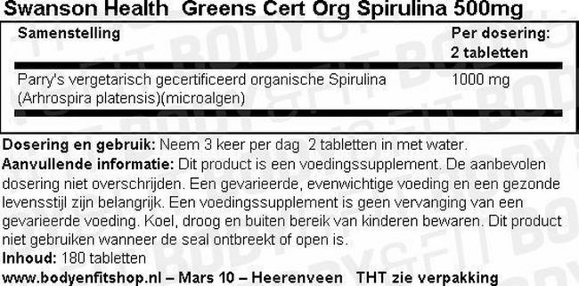 Greens Cert Org Spirulina 500mg Nutritional Information 1