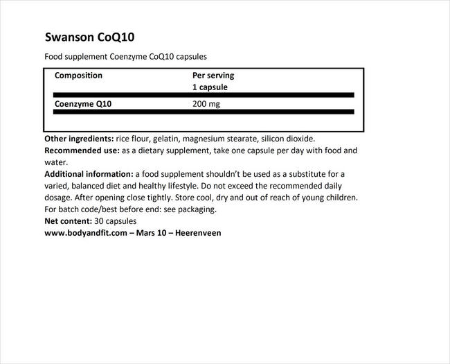 Ultra CoQ10 200mg Nutritional Information 1