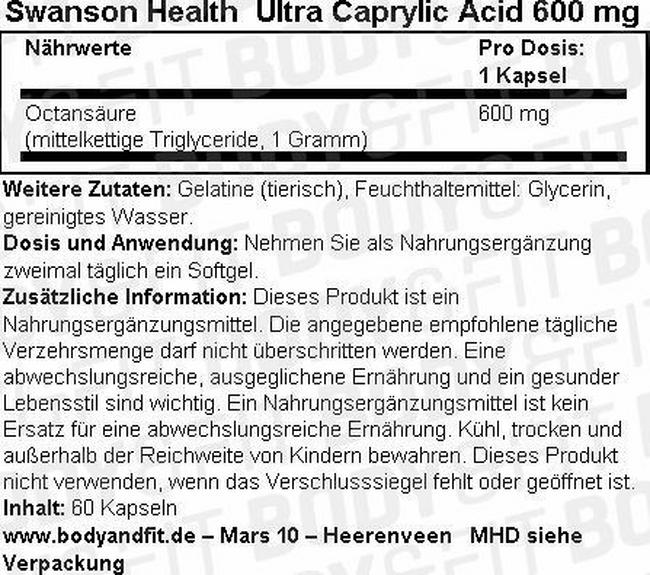 Ultra Caprylic Acid 600 mg Nutritional Information 1