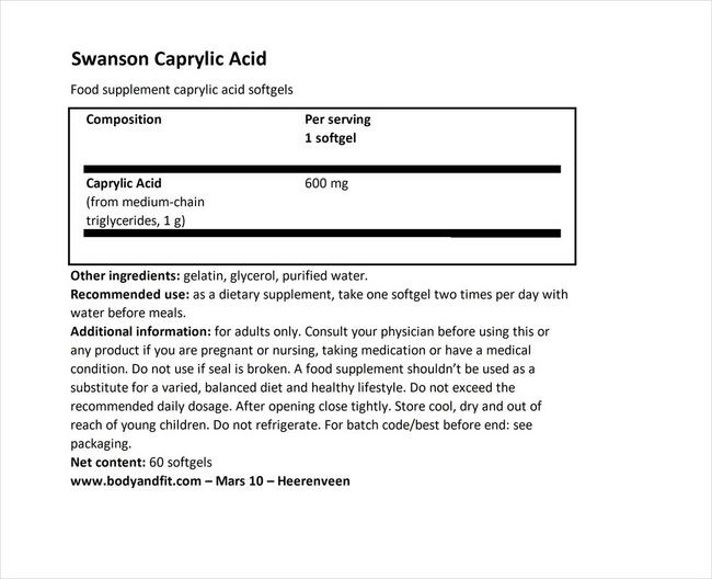 Ultra Caprylic Acid 600mg Nutritional Information 1