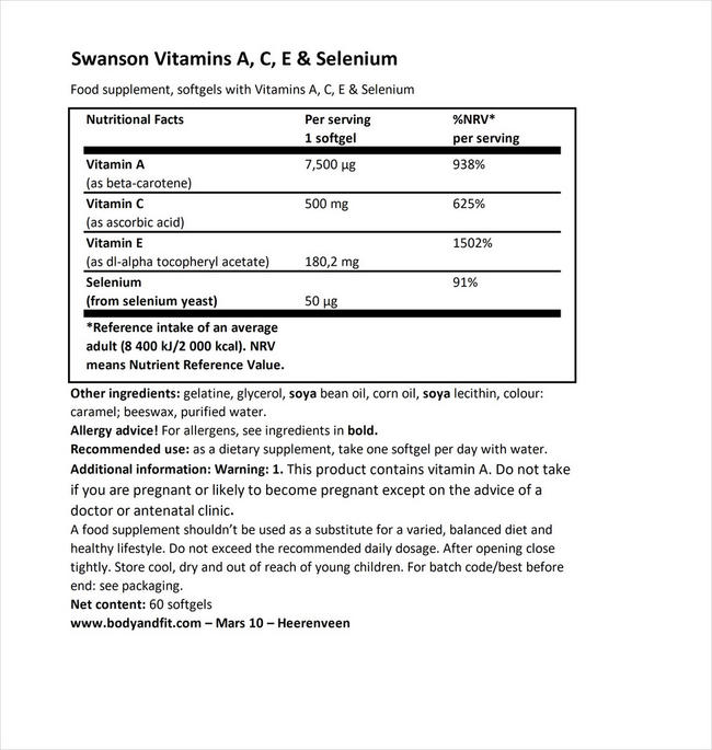 Swanson Ultra Vitamins A, C, E & Selenium - 60 softgels Nutritional Information 1