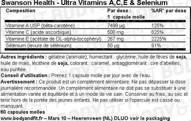 Ultra Vitamins A, C, E & Selenium de Swanson - 60 capsules molles Nutritional Information 1